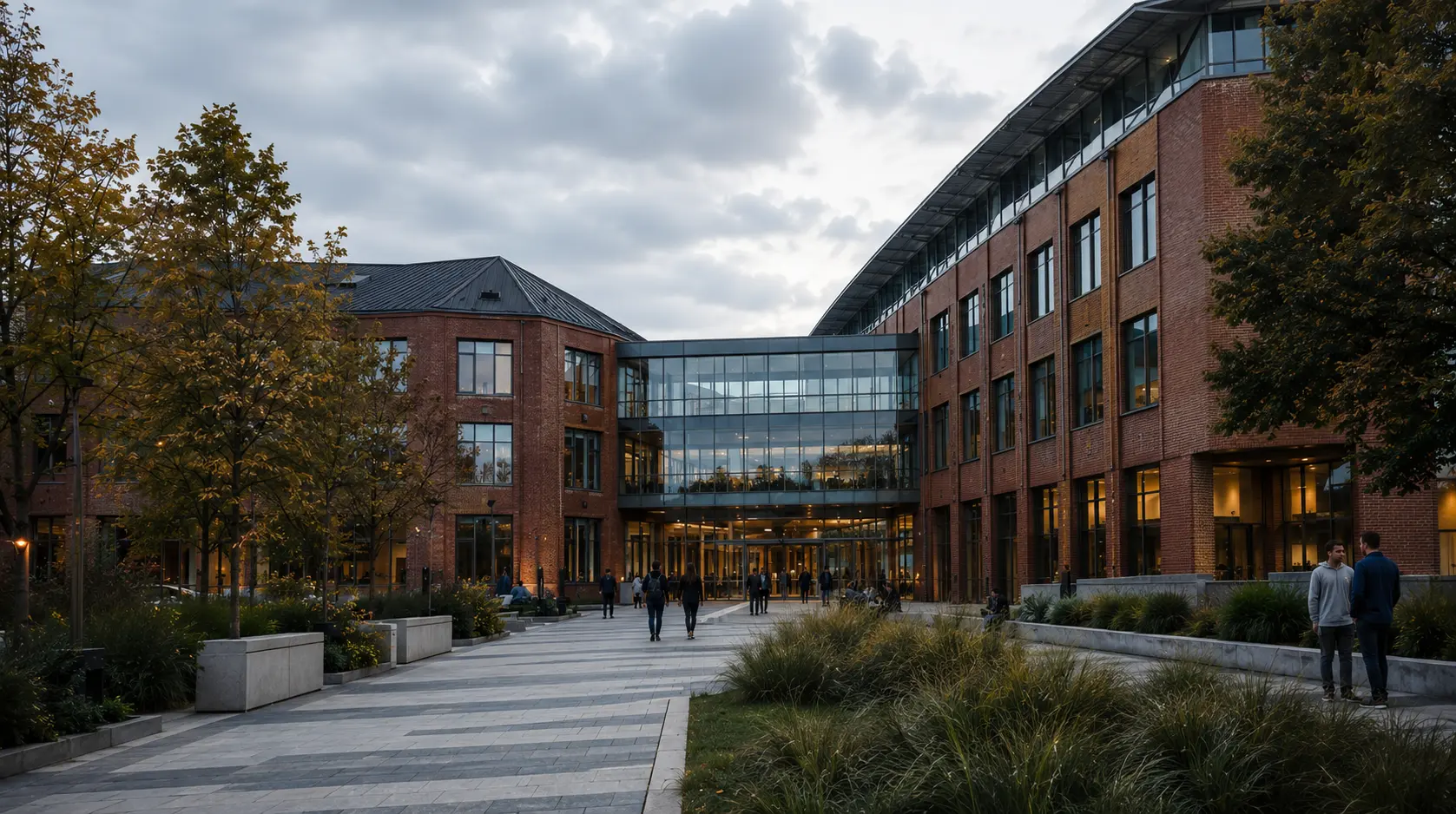 Moderne campusmiljø med teglbygg og gangarealer